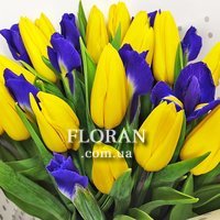 Yellow-blue bouquet of tulips and irises - Photo 2