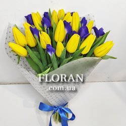 Жовто-синій букет з тюльпанів та ірисів - Фото 1