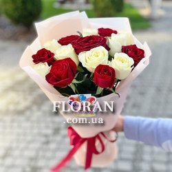 Букет 15 червоно-білих троянд - Фото 3