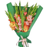 Букет з рожевих та помаранчевих гладіолусів