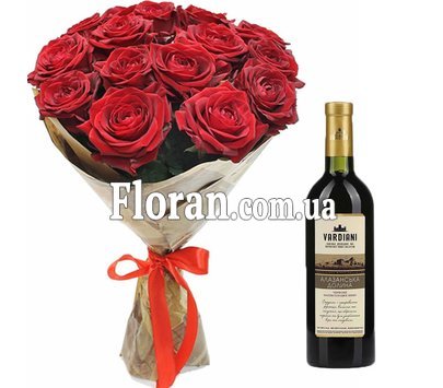 Bouquet of flowers and wine
