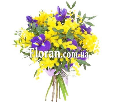 Мимоза и ирисы в букете