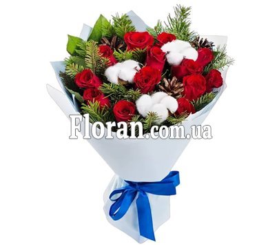 Bouquet of red roses and cotton