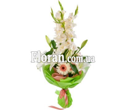 Букет з гладіолусами, ліліями та герберами