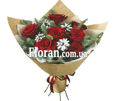 Червоні троянди з шишками в букеті