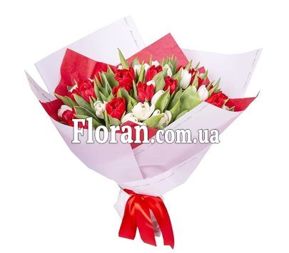 Bouquet of white and red tulips