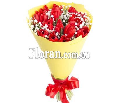 Букет красных тюльпанов с гипсофилой