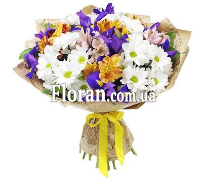 Букет с хризантемами, альстромериями и ирисами