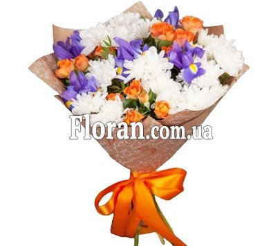 Букет з ірисами, хризантемами та трояндами