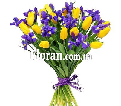 Букет з жовтими тюльпанами та ірисами