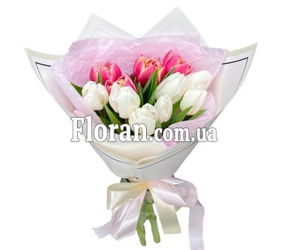 Bouquet with white and pink tulips