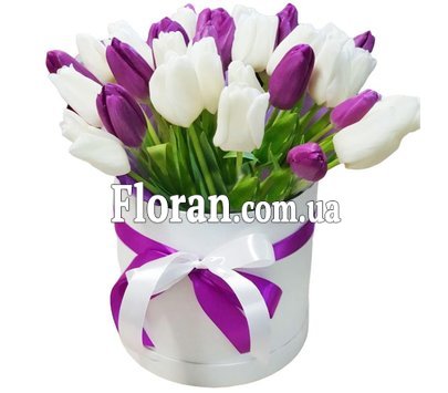 Коробка с белыми и фиолетовыми тюльпанами