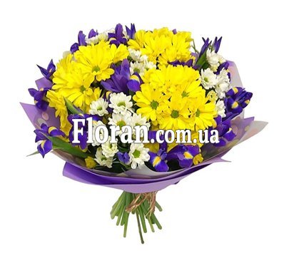 Гарний букет з ірисами та хризантемами